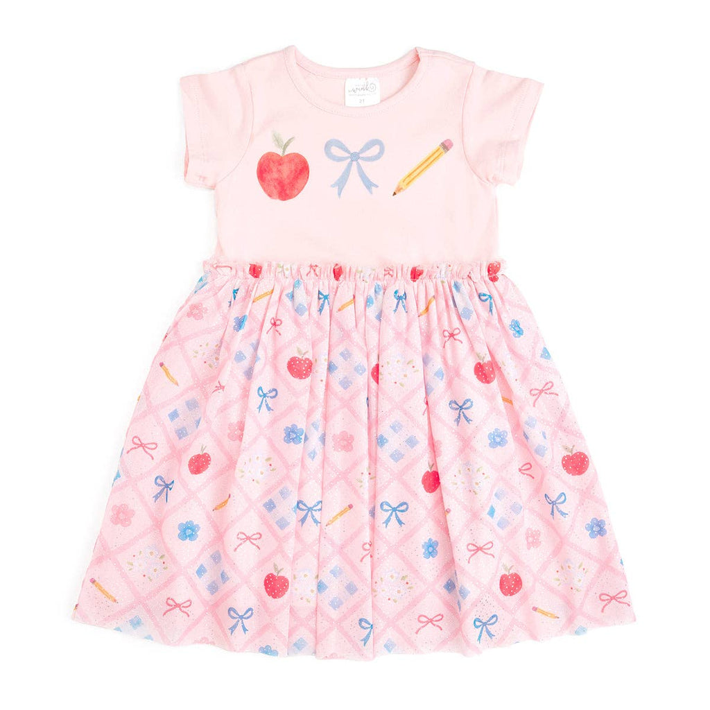 Back To School Trellis Short Sleeve Tutu Dress Kids Clothing