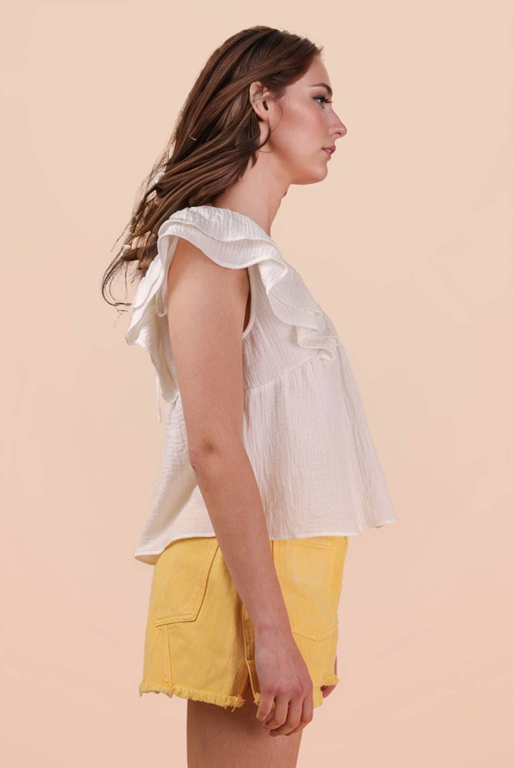 NT12130-Smocking Detail Ruffle Sleeve Cotton Gauze Top