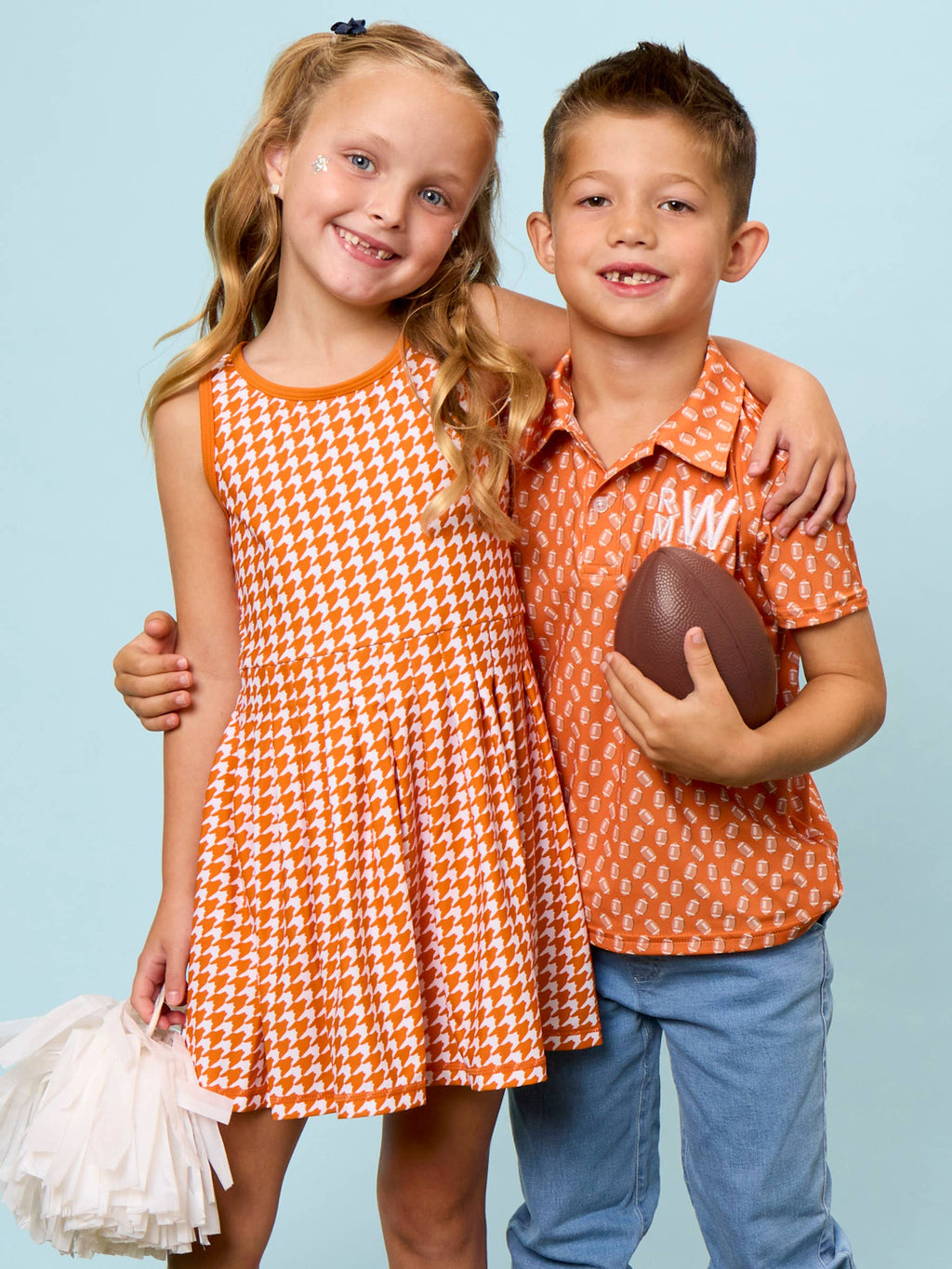Girls Varsity Orange Houndstooth Pleated Skirt Active Dress & Bike Short Set