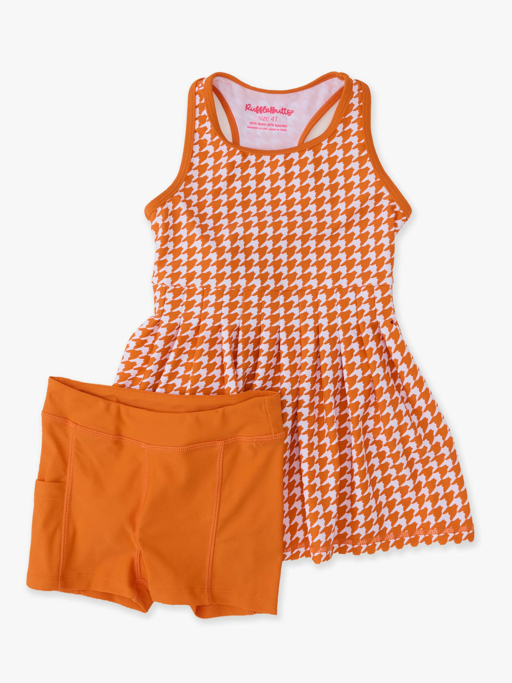 Girls Varsity Orange Houndstooth Pleated Skirt Active Dress & Bike Short Set