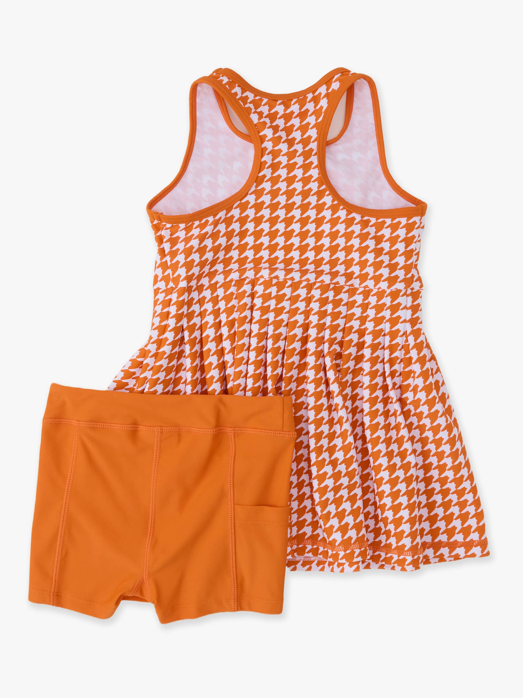 Girls Varsity Orange Houndstooth Pleated Skirt Active Dress & Bike Short Set