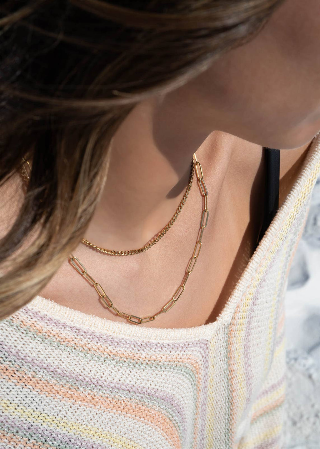 18K Gold PVD Stainless Steel Curb and Paperclip Layered Chain Necklace: Gold