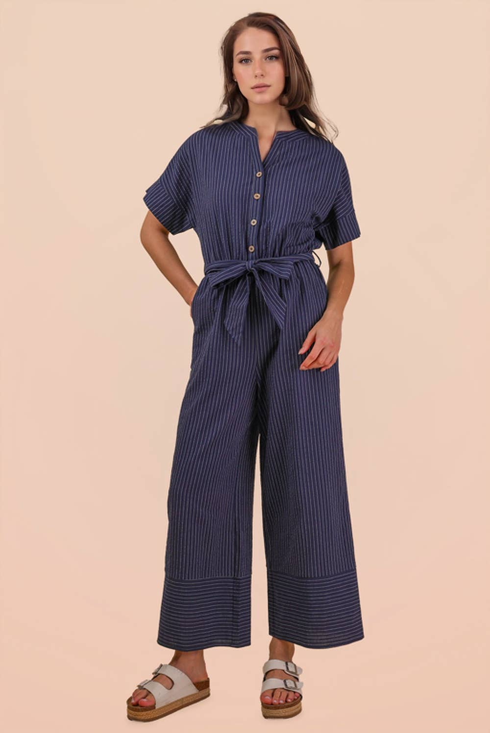 NP70732-Half Button Down Stripe Linen Woven Jumpsuit
