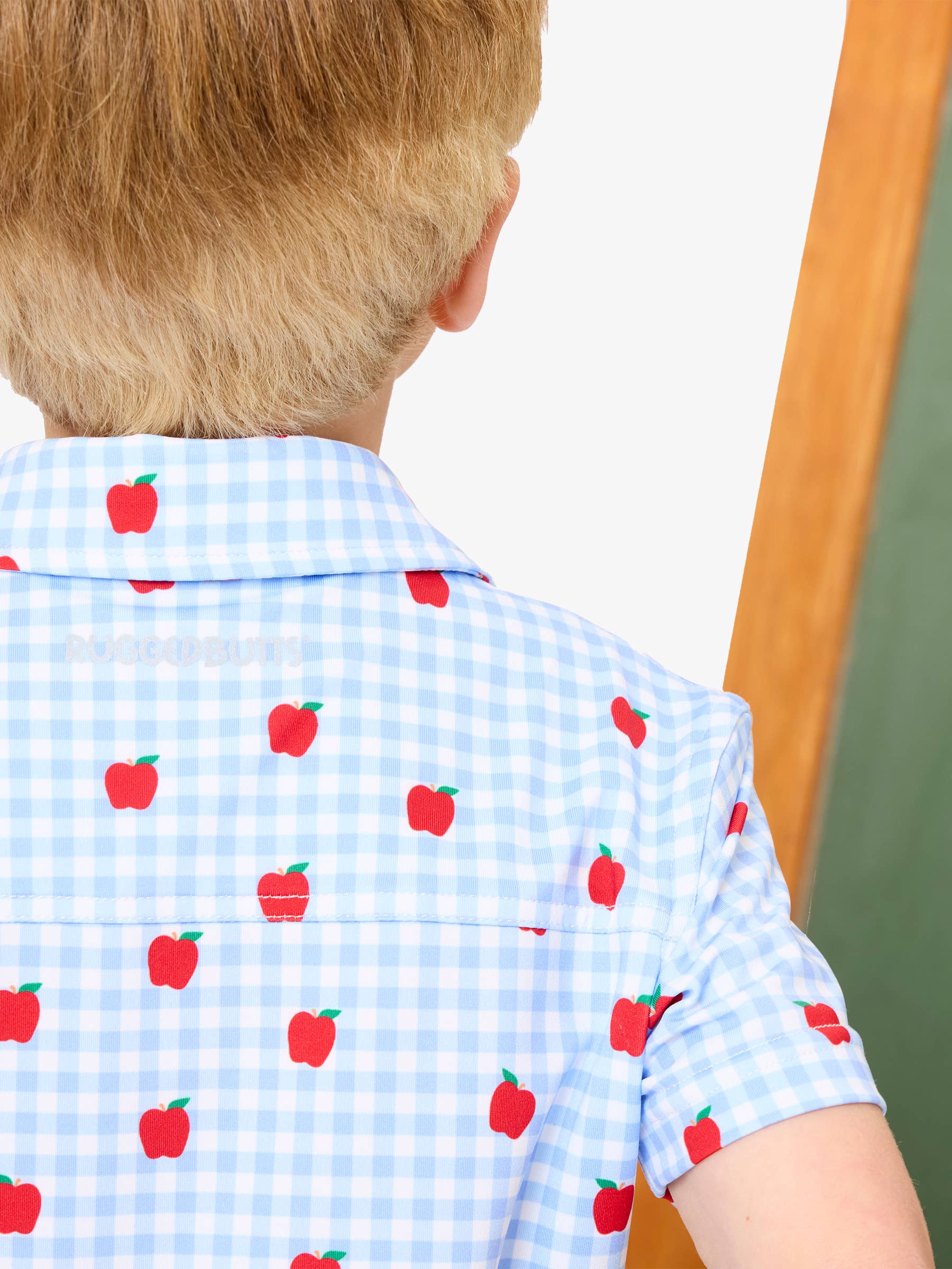 Boys Apple Orchard Gingham Knit Performance Short Sleeve Button Down Shirt