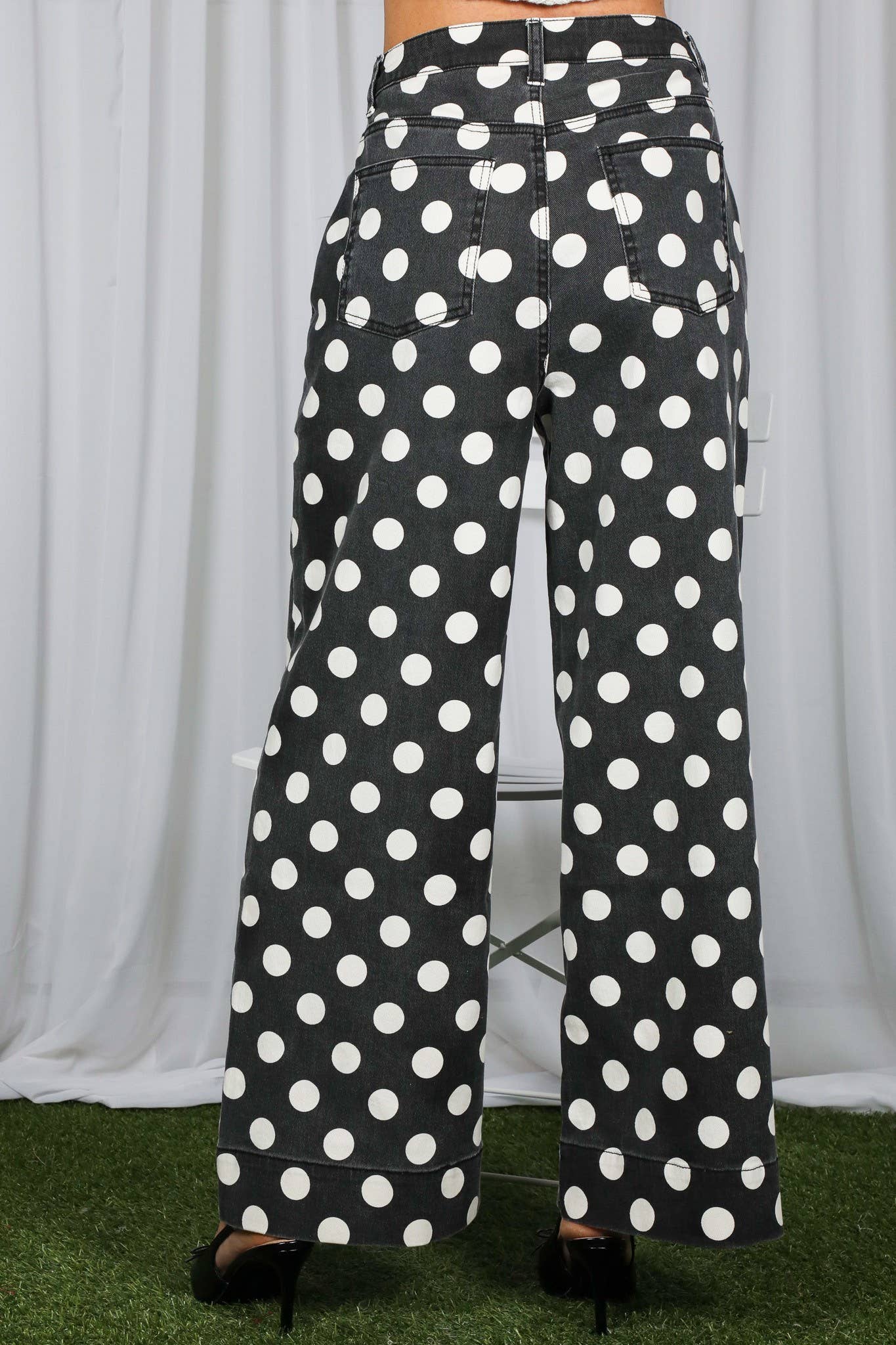 Polka Dot Straight Leg Cotton Denim Span Pants VP83369B