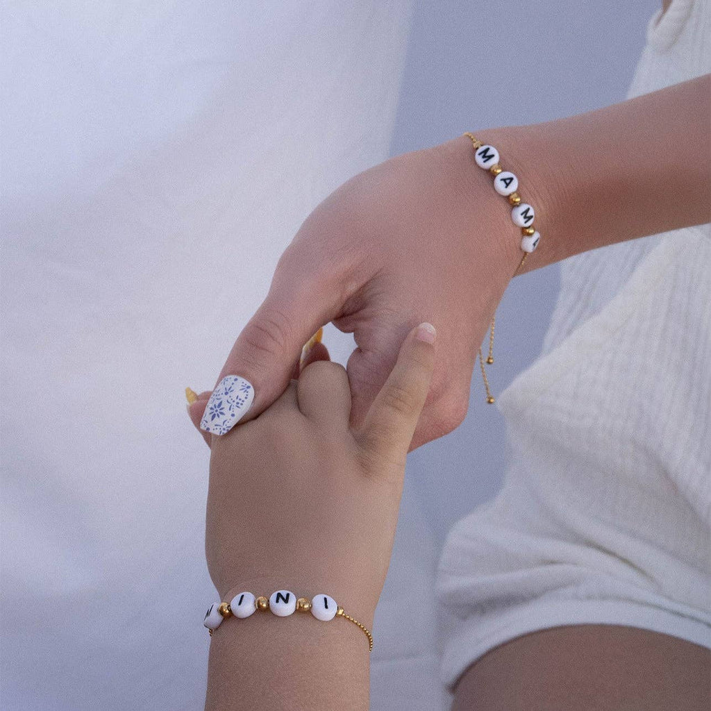 18K Gold PVD Stainless Steel "Mama" Beaded Charm Bracelet: Gold