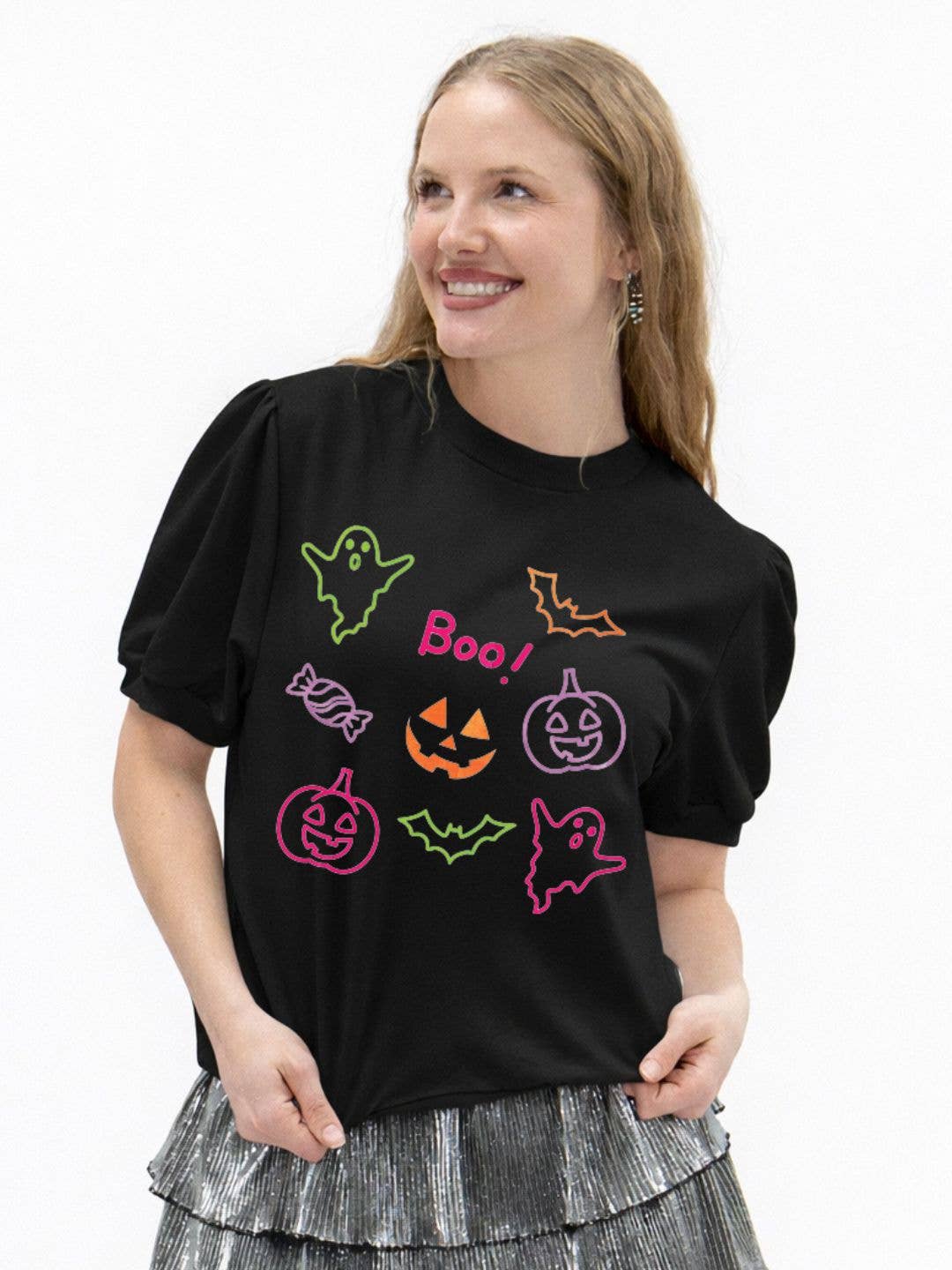 Neon Elements on Puff Sleeve Tee, Black
