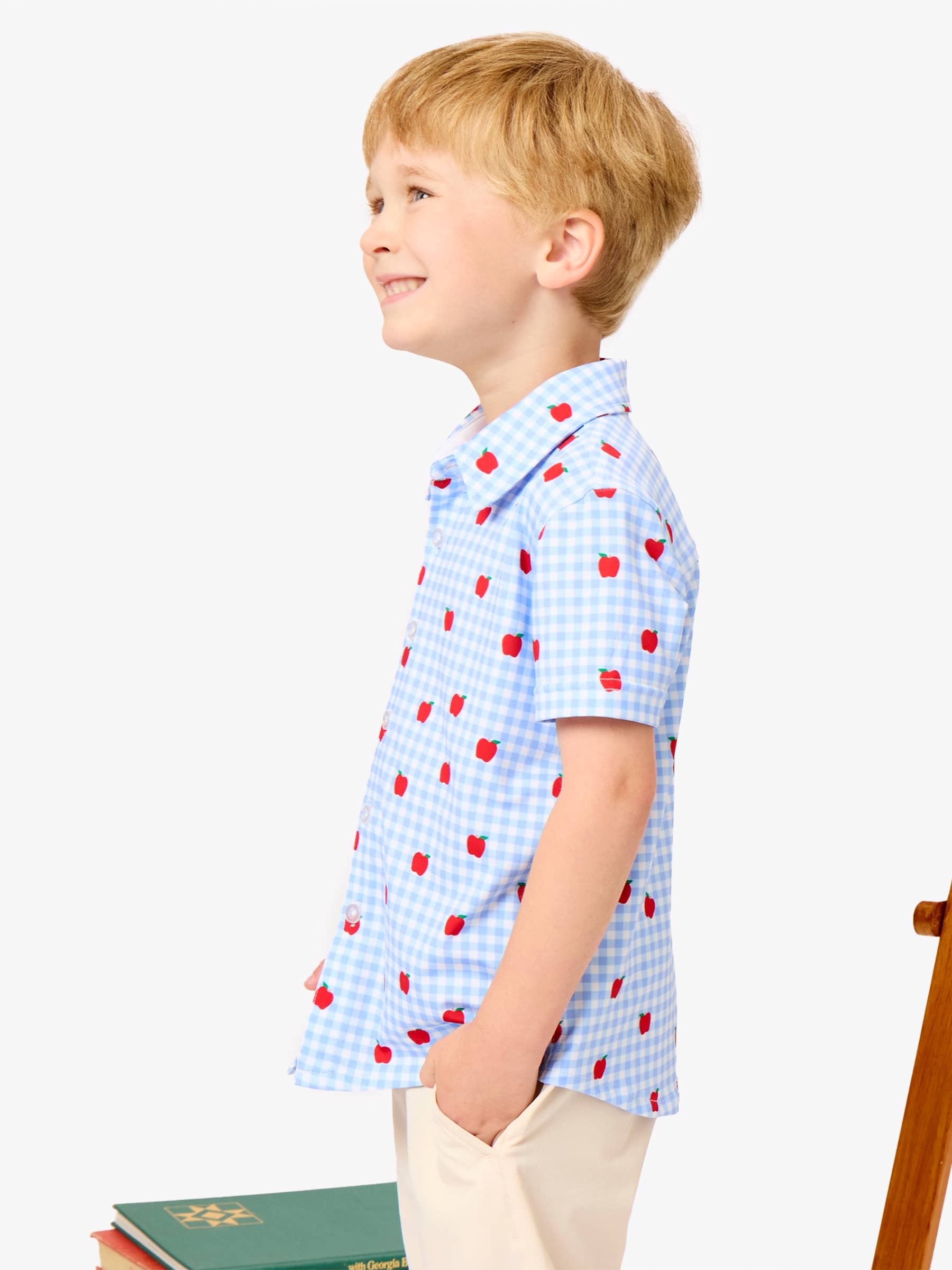 Boys Apple Orchard Gingham Knit Performance Short Sleeve Button Down Shirt