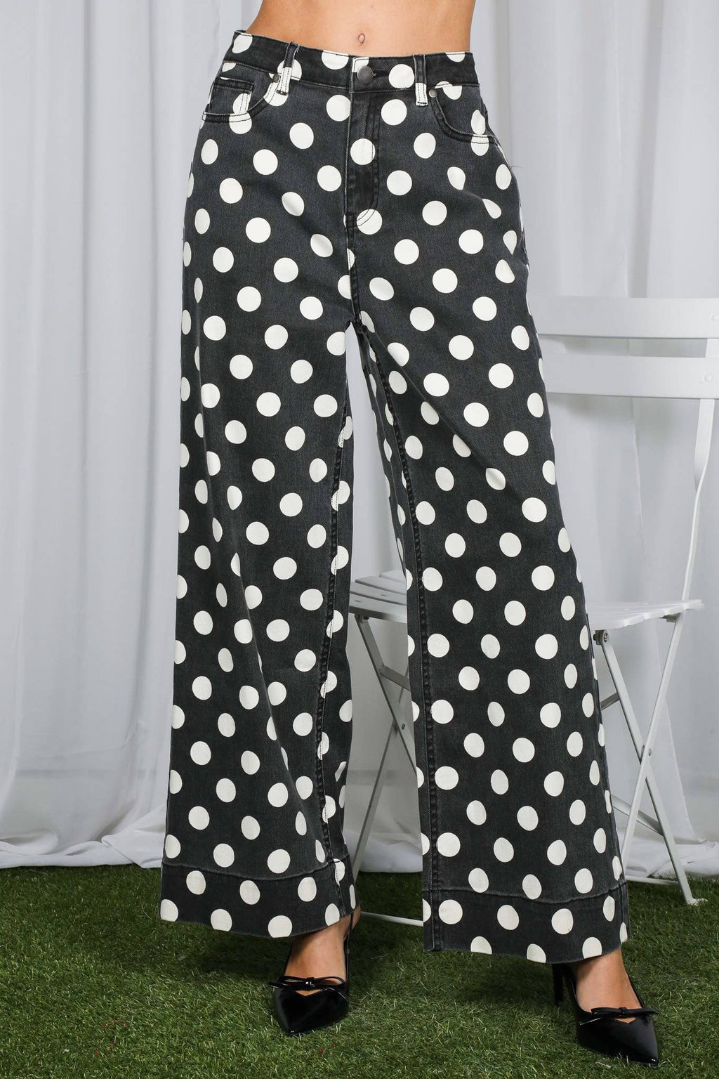 Polka Dot Straight Leg Cotton Denim Span Pants VP83369B