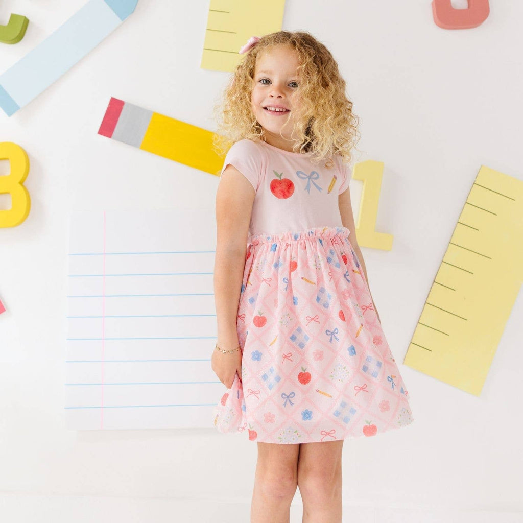 Back To School Trellis Short Sleeve Tutu Dress Kids Clothing
