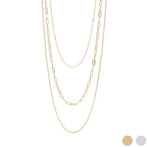 18K Gold PVD Stainless Steel Loop, Box, and Paperclip Layered Chain Necklace: Stainless