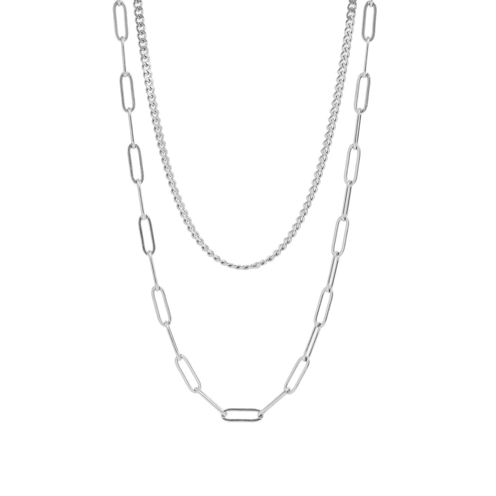 18K Gold PVD Stainless Steel Curb and Paperclip Layered Chain Necklace: Gold
