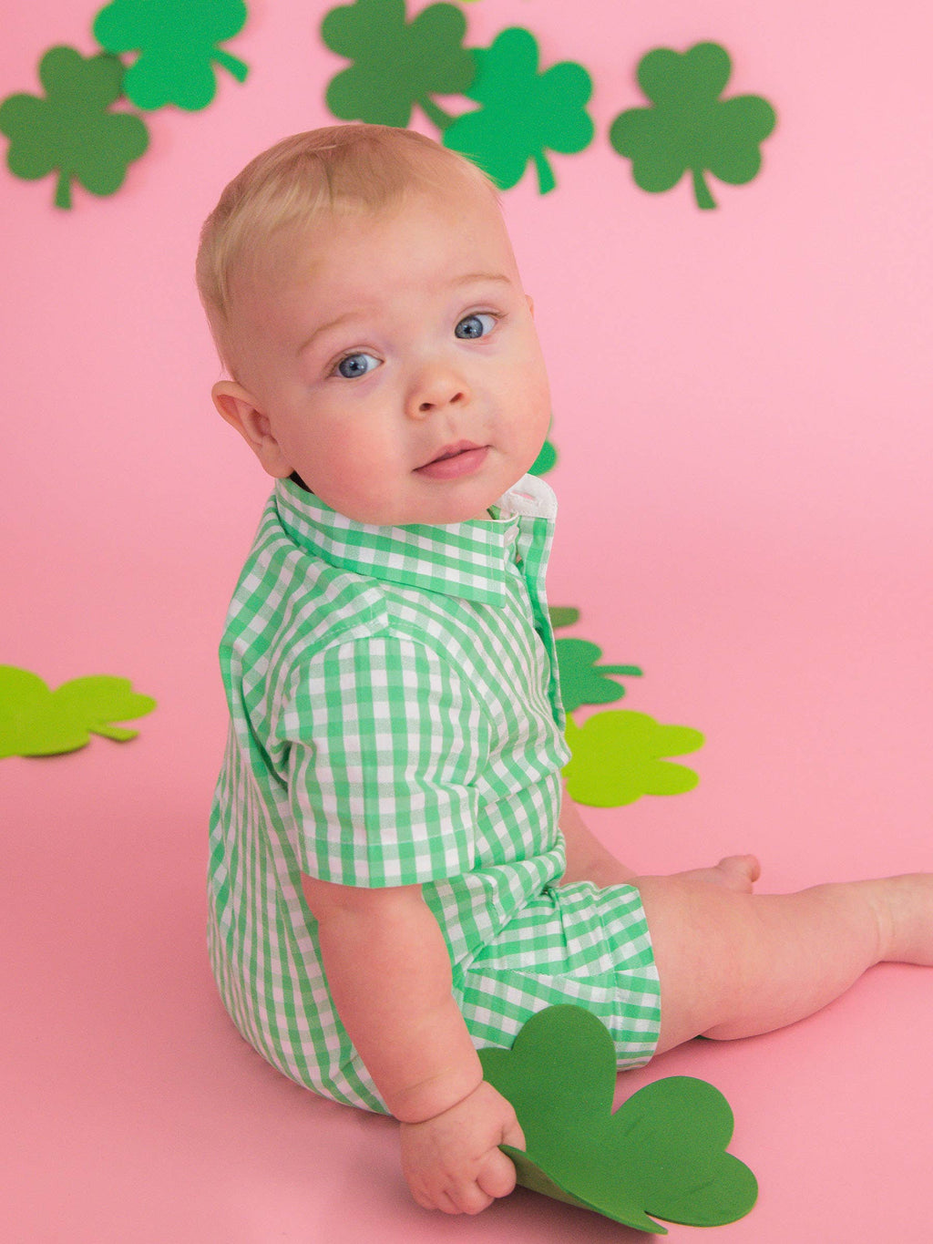 Baby Boys Classic Gingham Short Sleeve Woven Button-Up Romper