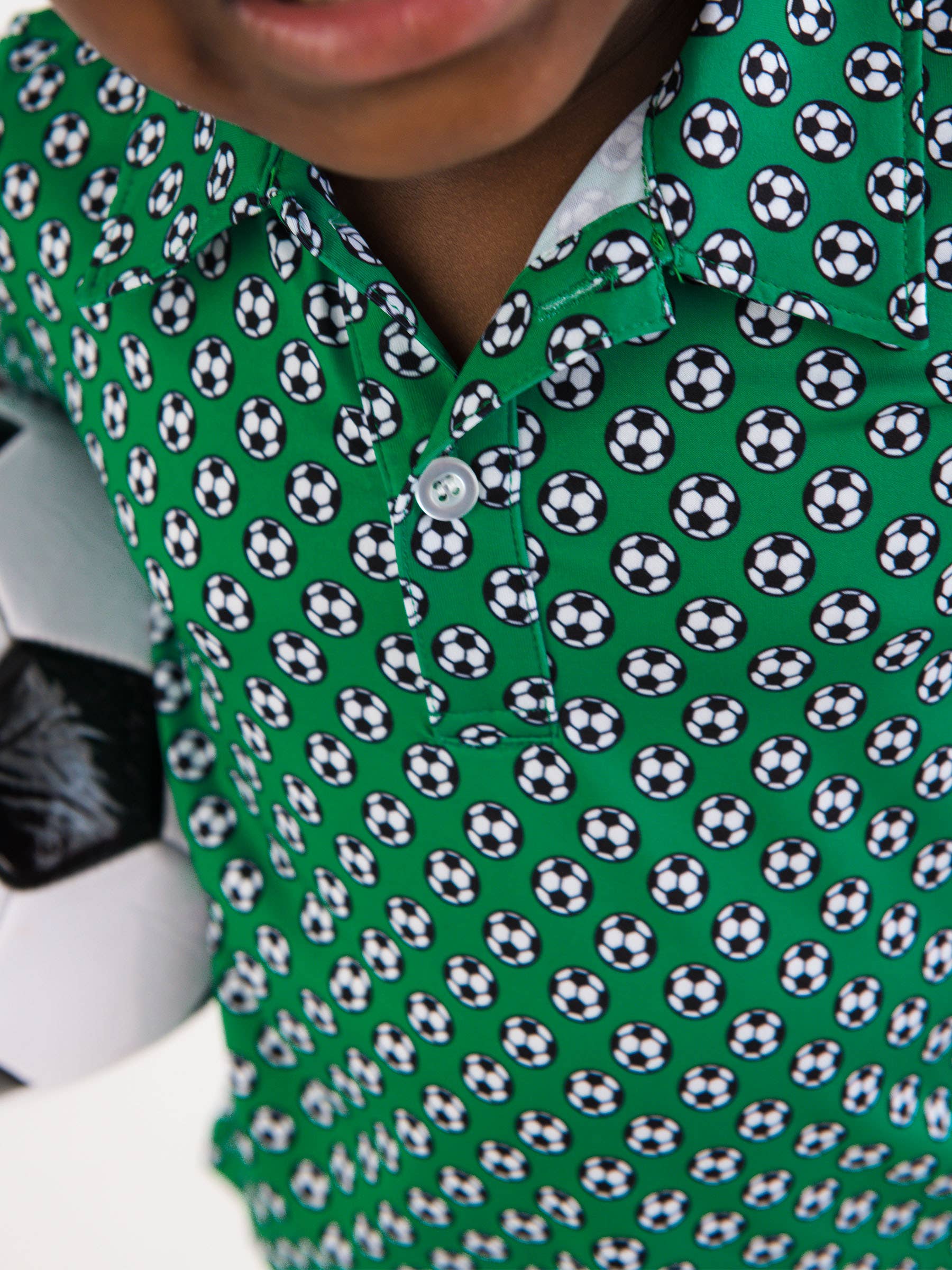 Boys Soccer Mania Knit Short Sleeve Performance Polo: Green / 5