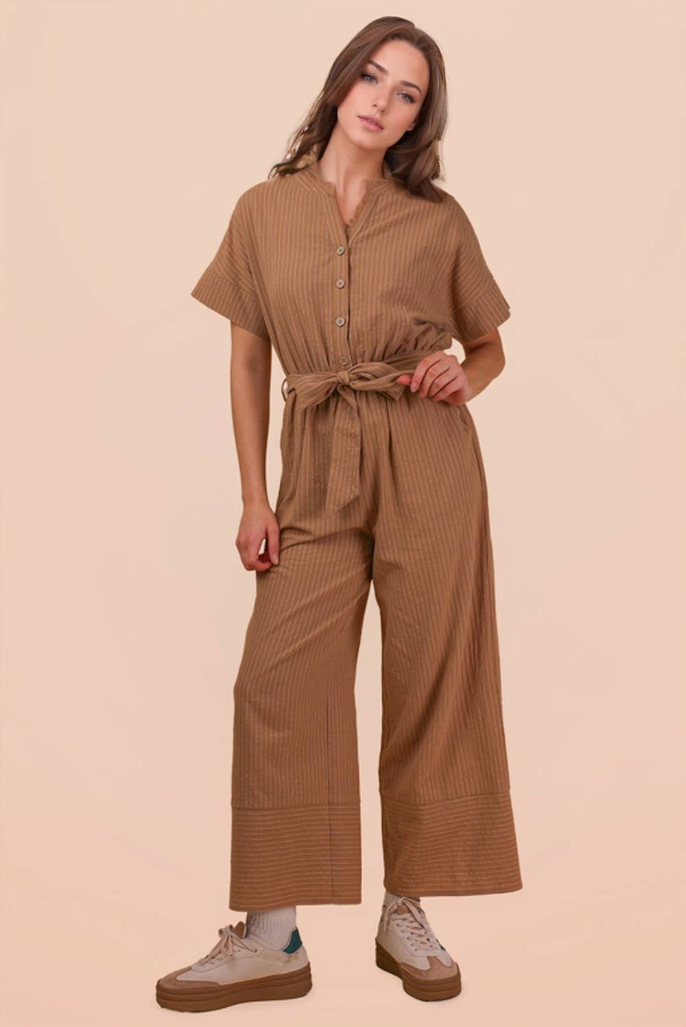 NP70732-Half Button Down Stripe Linen Woven Jumpsuit