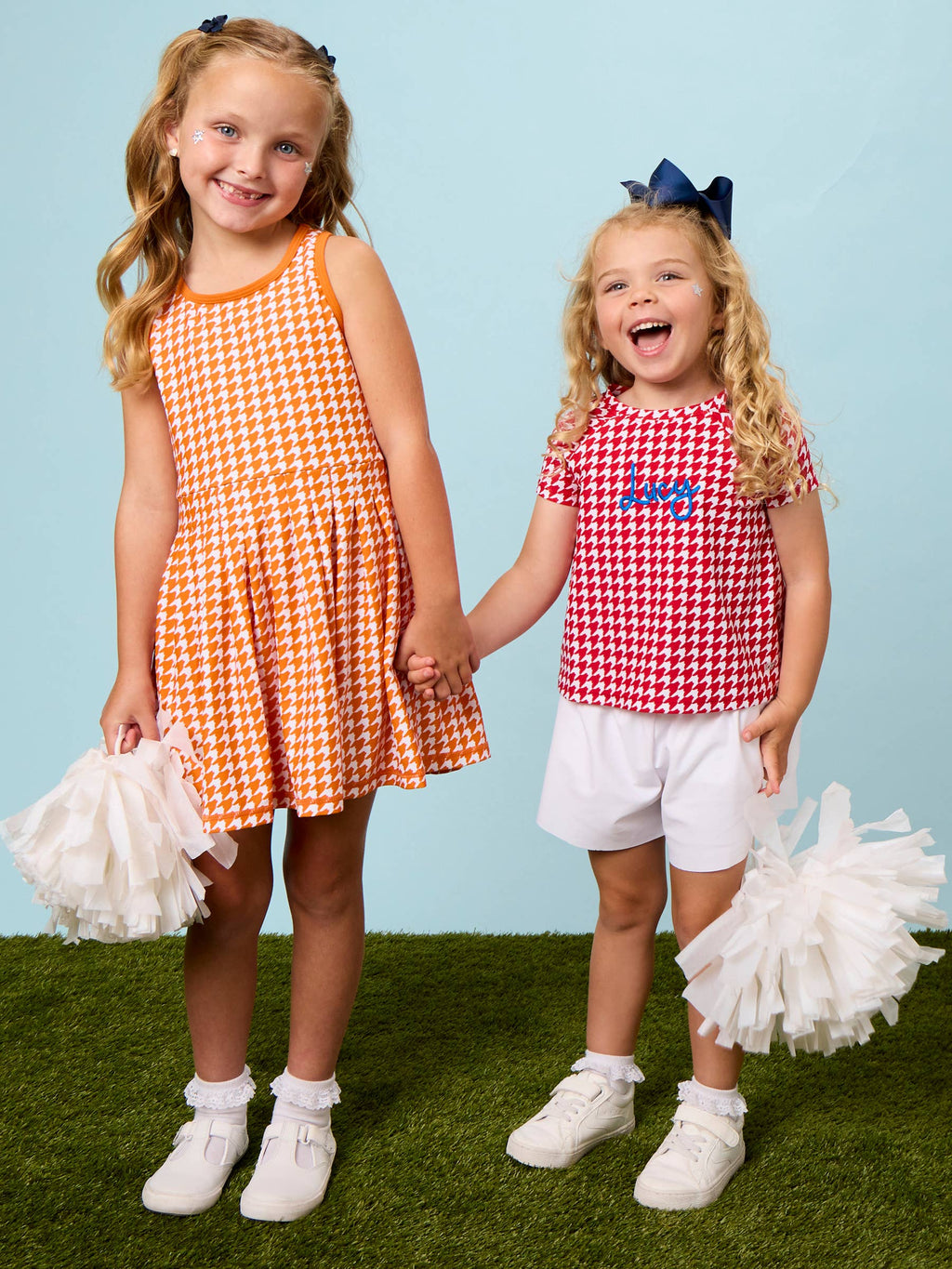 Girls Varsity Orange Houndstooth Pleated Skirt Active Dress & Bike Short Set