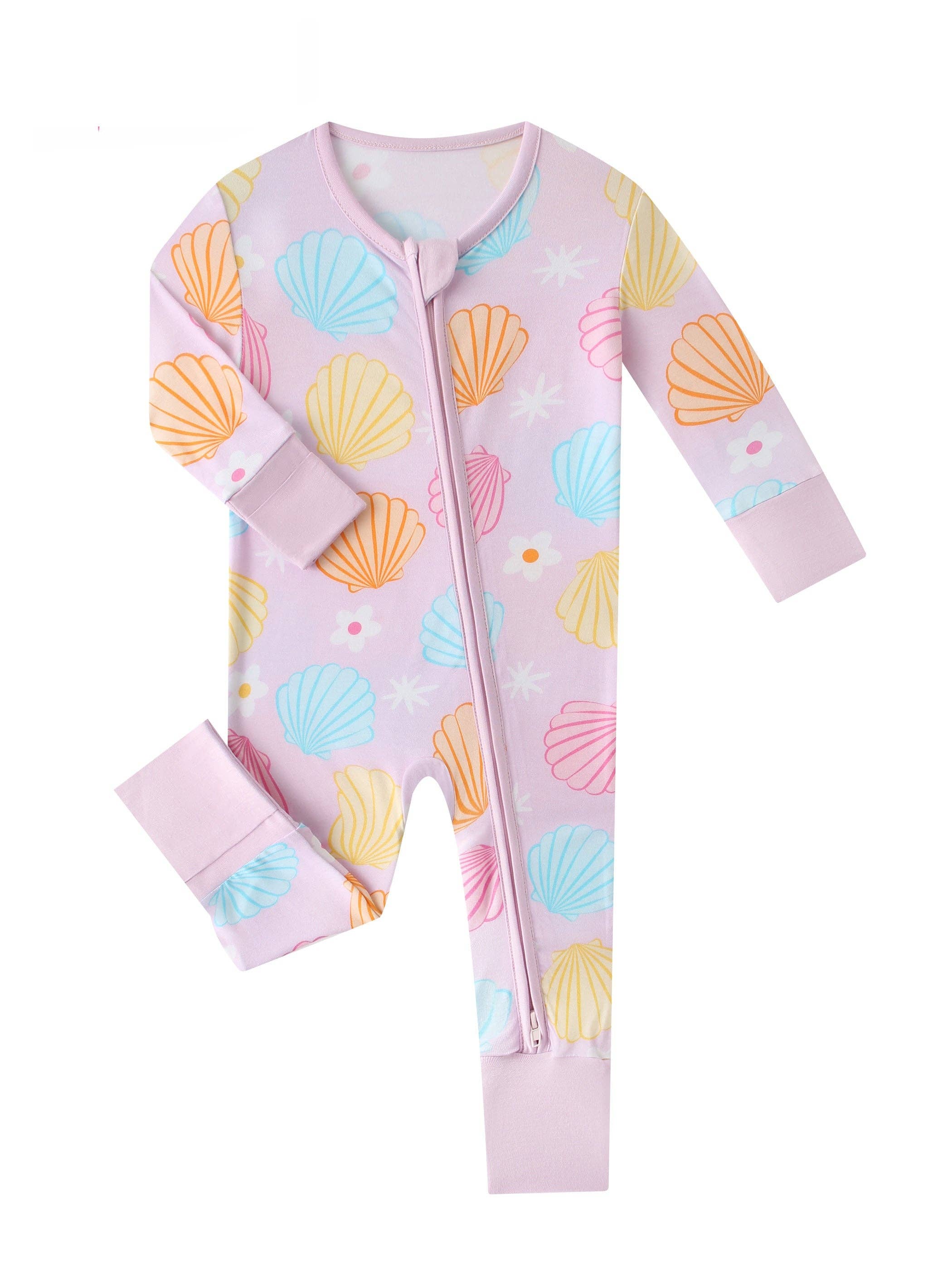 PoshTOT Colorful Seashell Bamboo Baby Convertible Zippy Romper: 6-12M
