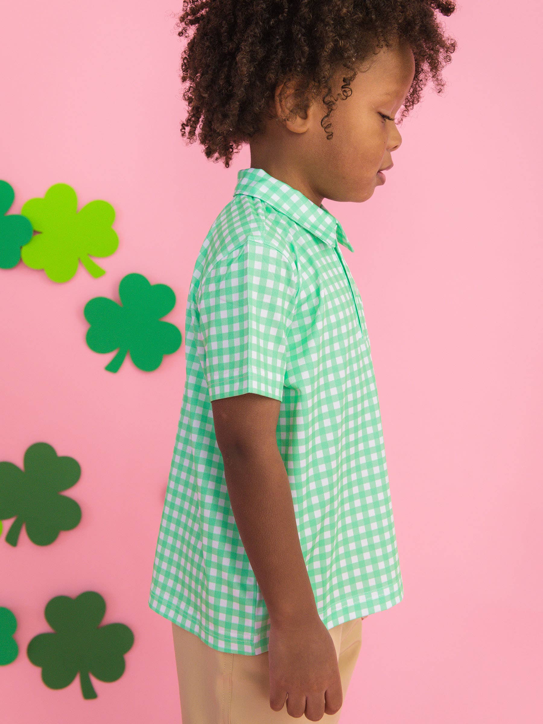 Boys Classic Spring Green Gingham Knit Short Sleeve Performance Polo