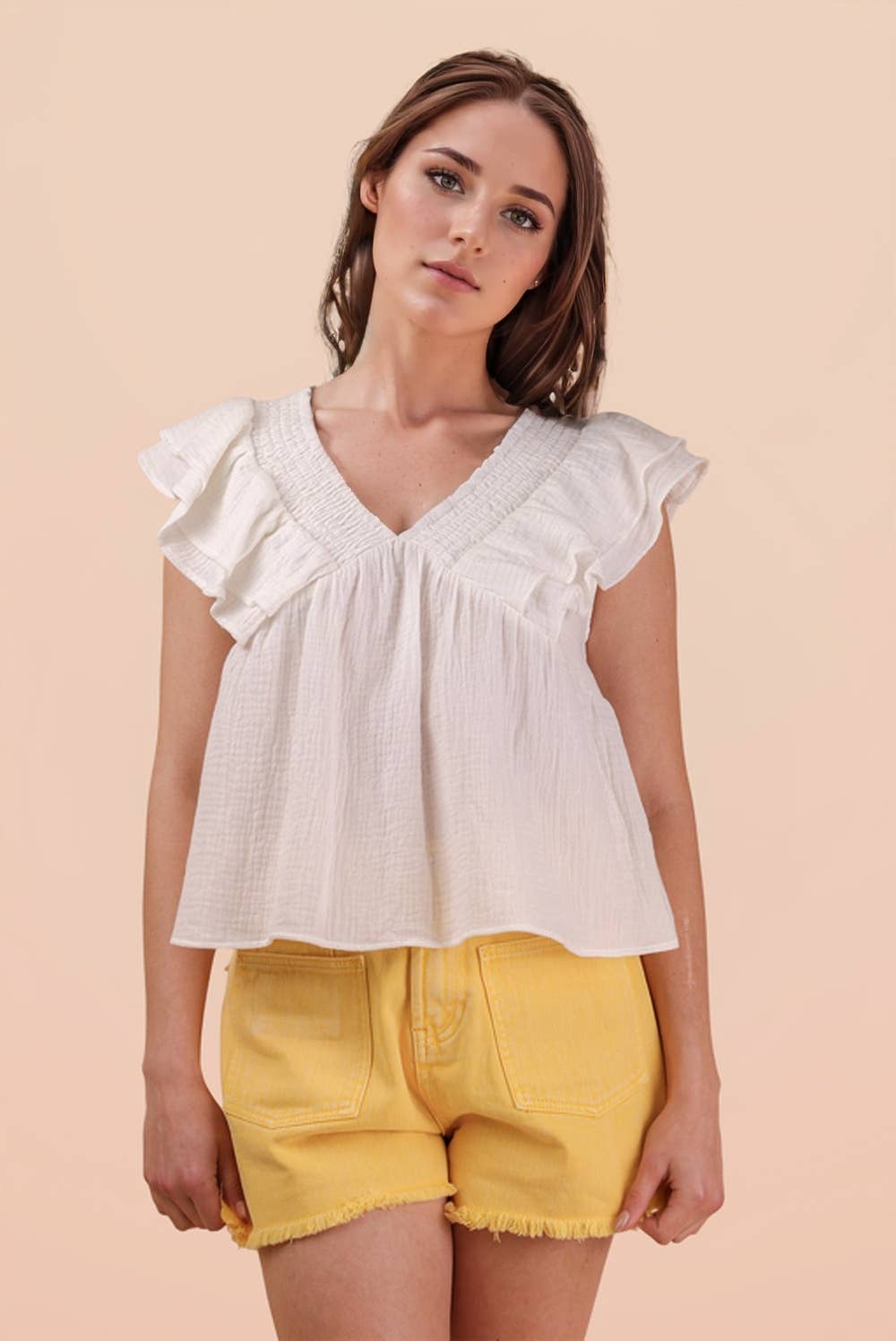 NT12130-Smocking Detail Ruffle Sleeve Cotton Gauze Top