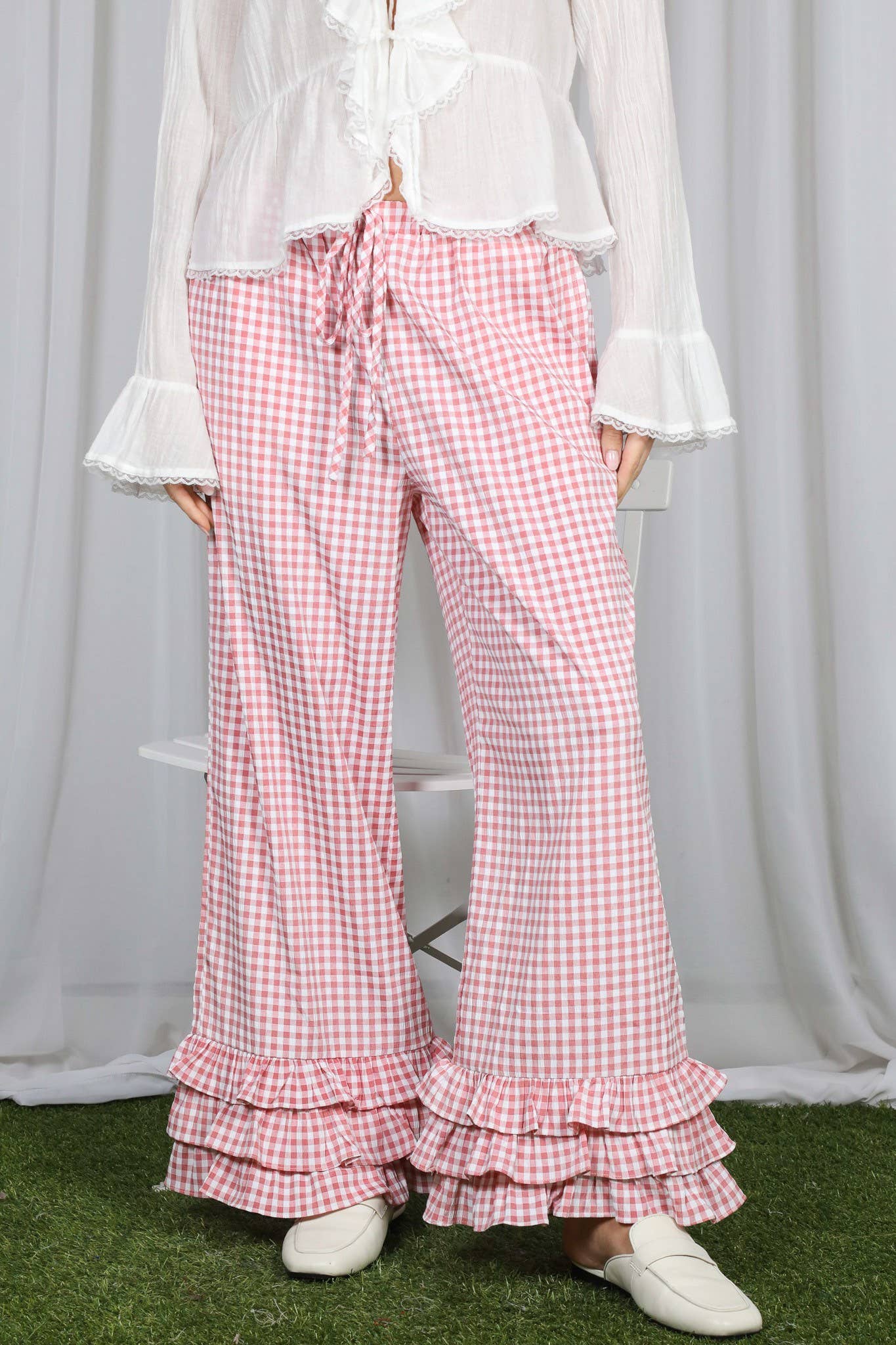 Gingham Layered Ruffle Hem Cropped Pants VP83333A