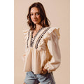 SOLID WOVEN LONG SLEEVE TOP WITH WAVE TRIM