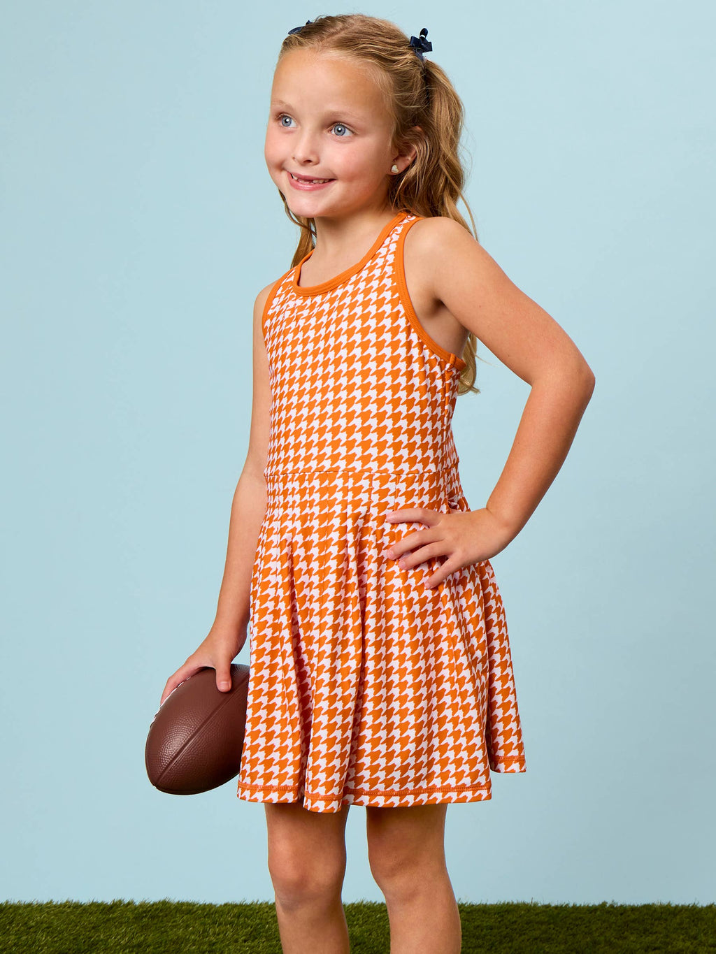 Girls Varsity Orange Houndstooth Pleated Skirt Active Dress & Bike Short Set