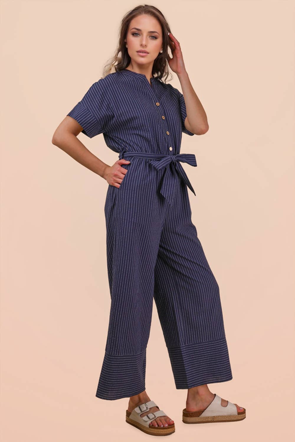 NP70732-Half Button Down Stripe Linen Woven Jumpsuit