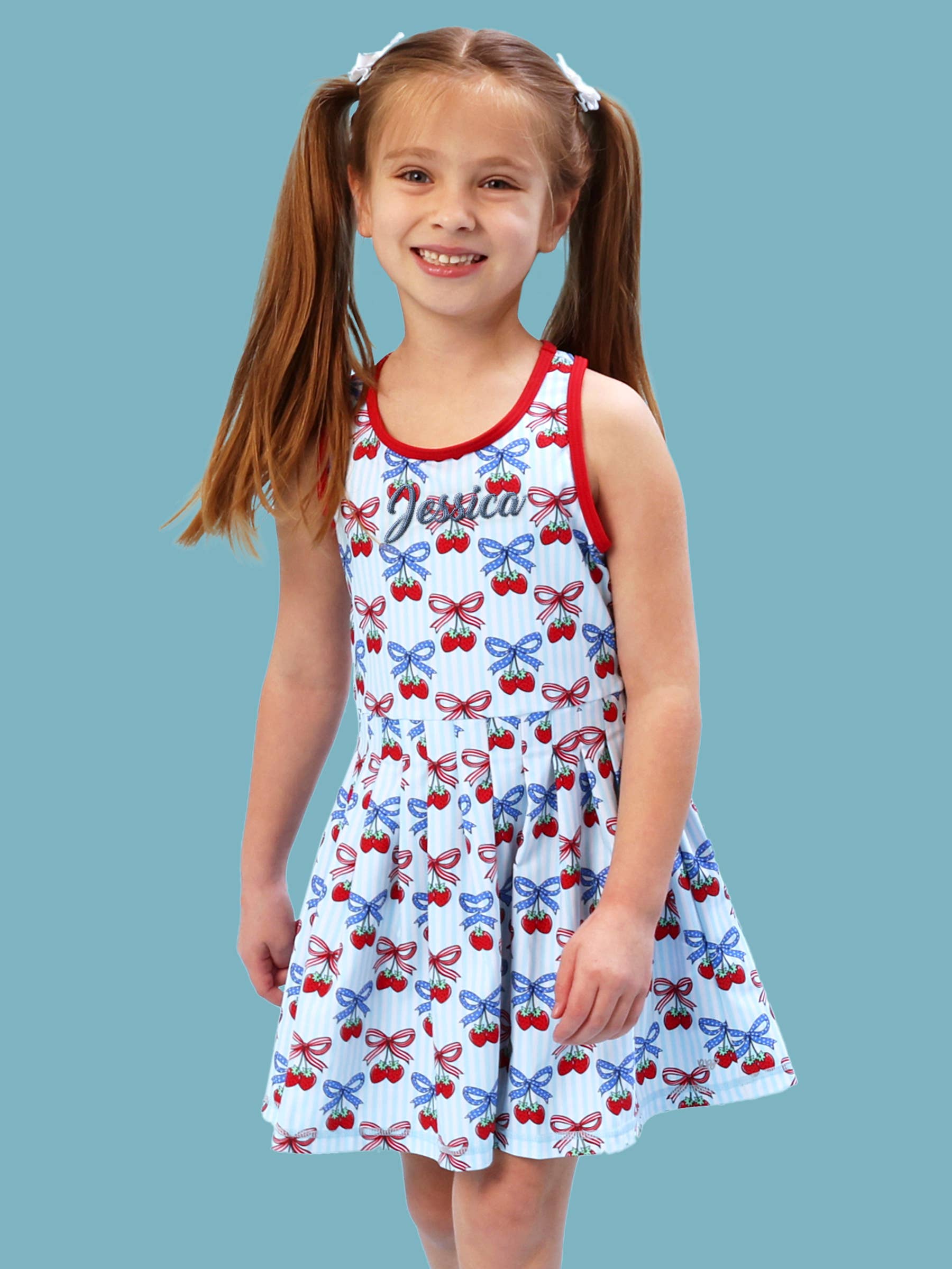 Girls Berries & Bows Pleated Skirt Active Dress & Bike Short Set: Blue / 5
