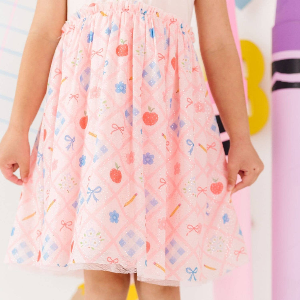 Back To School Trellis Short Sleeve Tutu Dress Kids Clothing