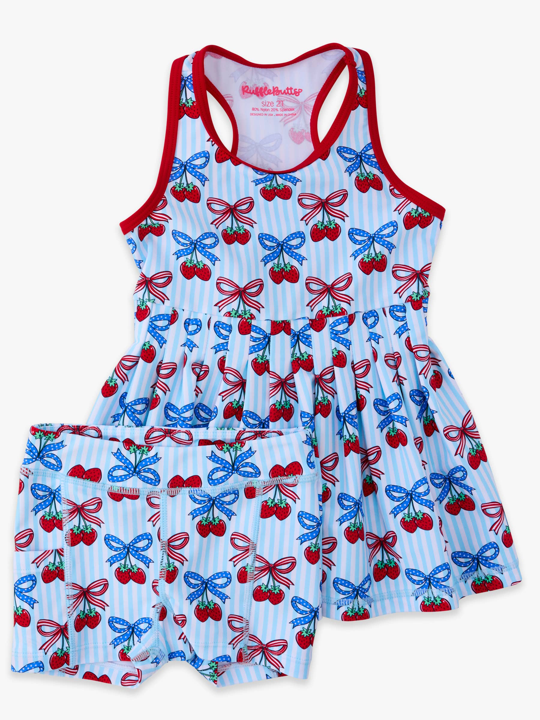 Girls Berries & Bows Pleated Skirt Active Dress & Bike Short Set: Blue / 5