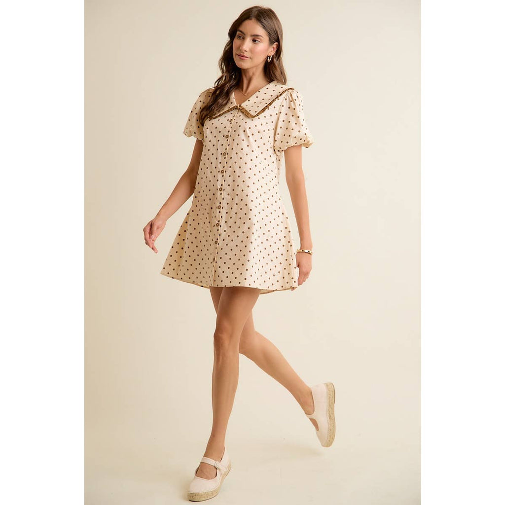 POLKA DOT PETER PAN RUFFLED COLLAR PUFF SLEEVES DRESS