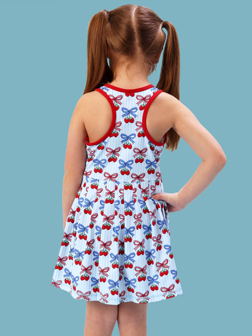 Girls Berries & Bows Pleated Skirt Active Dress & Bike Short Set: Blue / 5