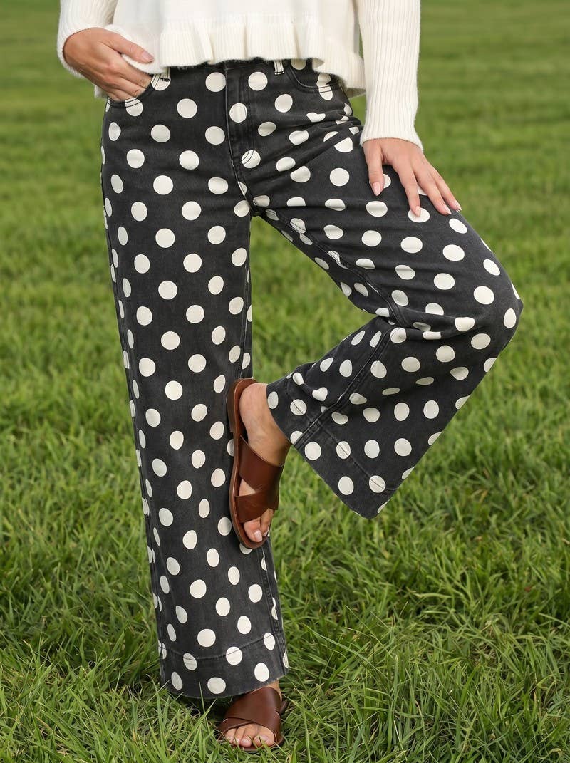 Polka Dot Straight Leg Cotton Denim Span Pants VP83369B