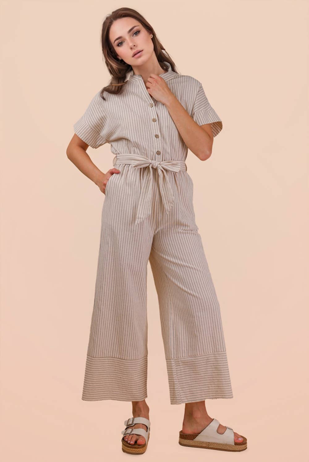 NP70732-Half Button Down Stripe Linen Woven Jumpsuit