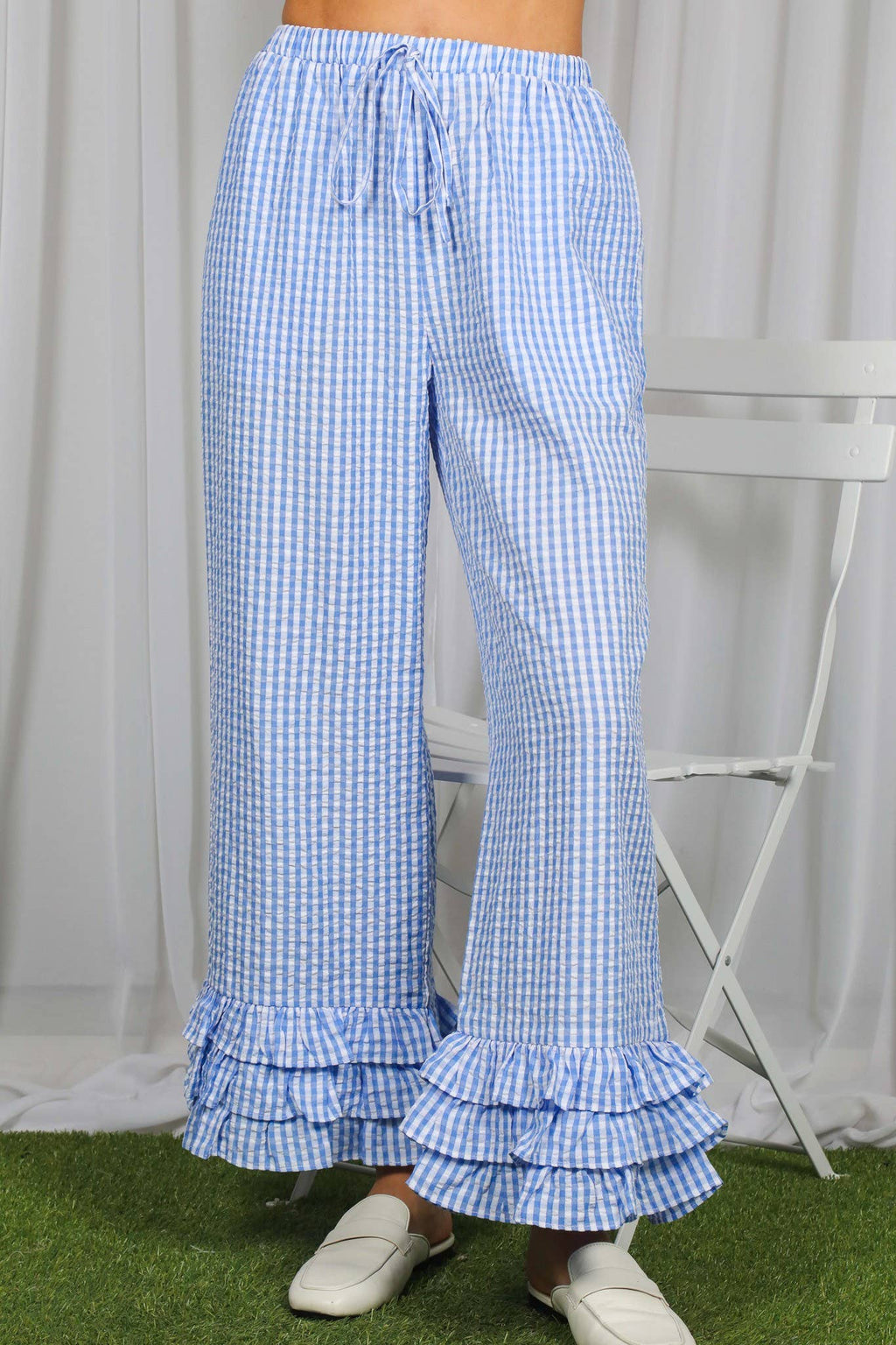 Gingham Layered Ruffle Hem Cropped Pants VP83333A