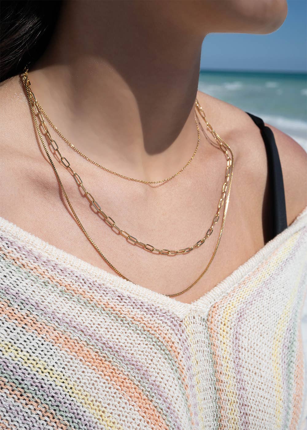 18K Gold PVD Stainless Steel Loop, Box, and Paperclip Layered Chain Necklace: Stainless