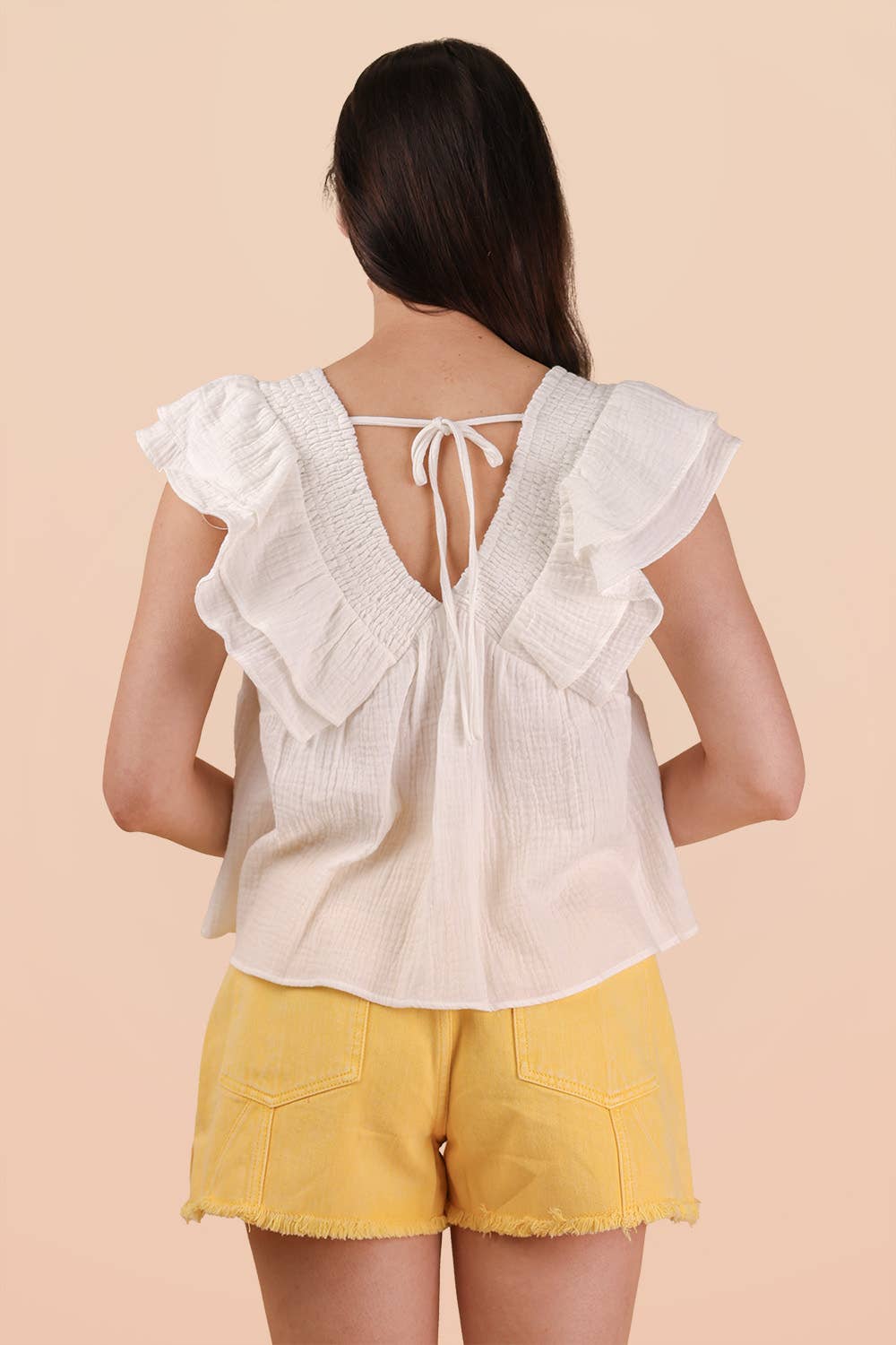 NT12130-Smocking Detail Ruffle Sleeve Cotton Gauze Top