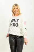 "Hey Boo" on White Long-Sleeve Top