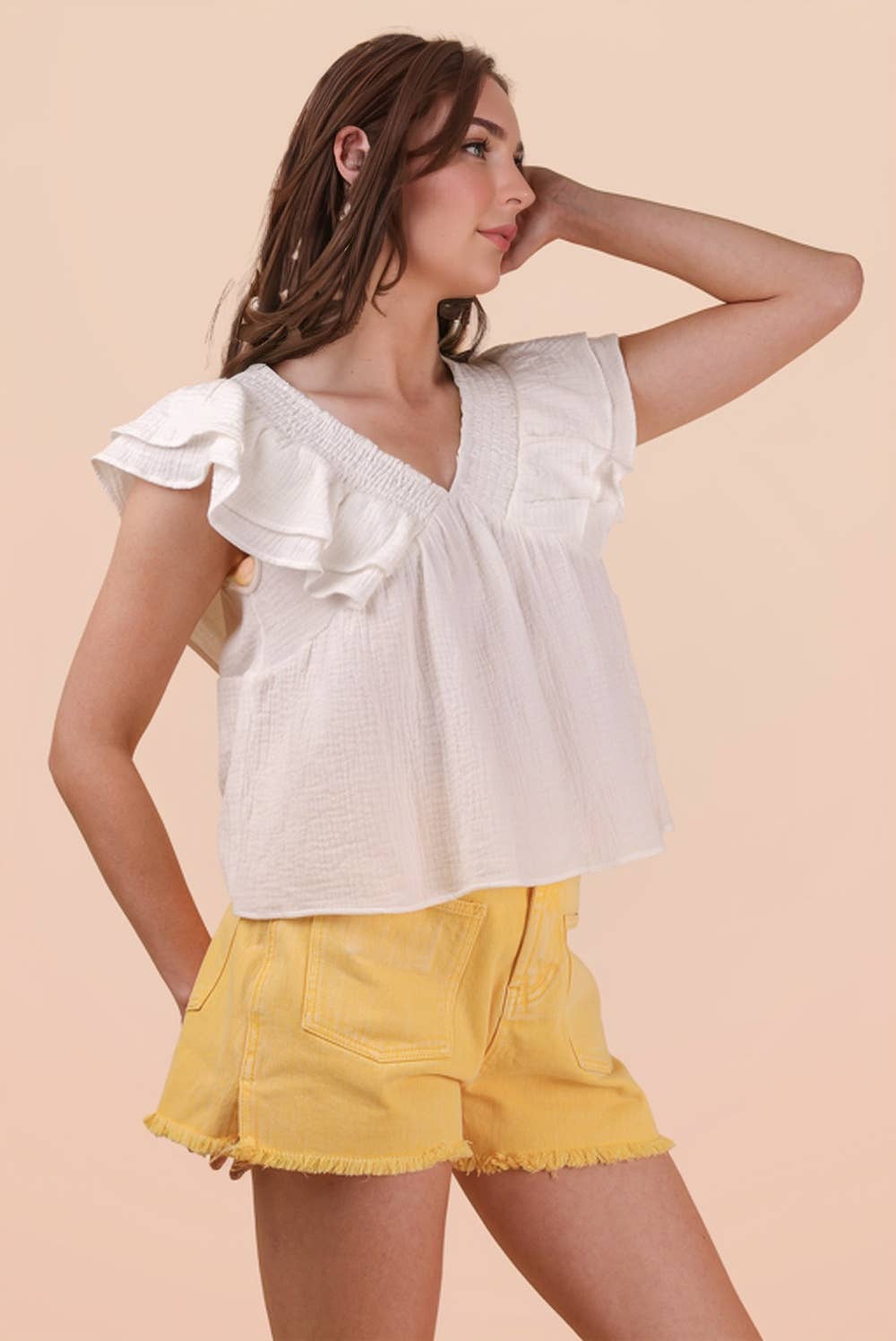 NT12130-Smocking Detail Ruffle Sleeve Cotton Gauze Top