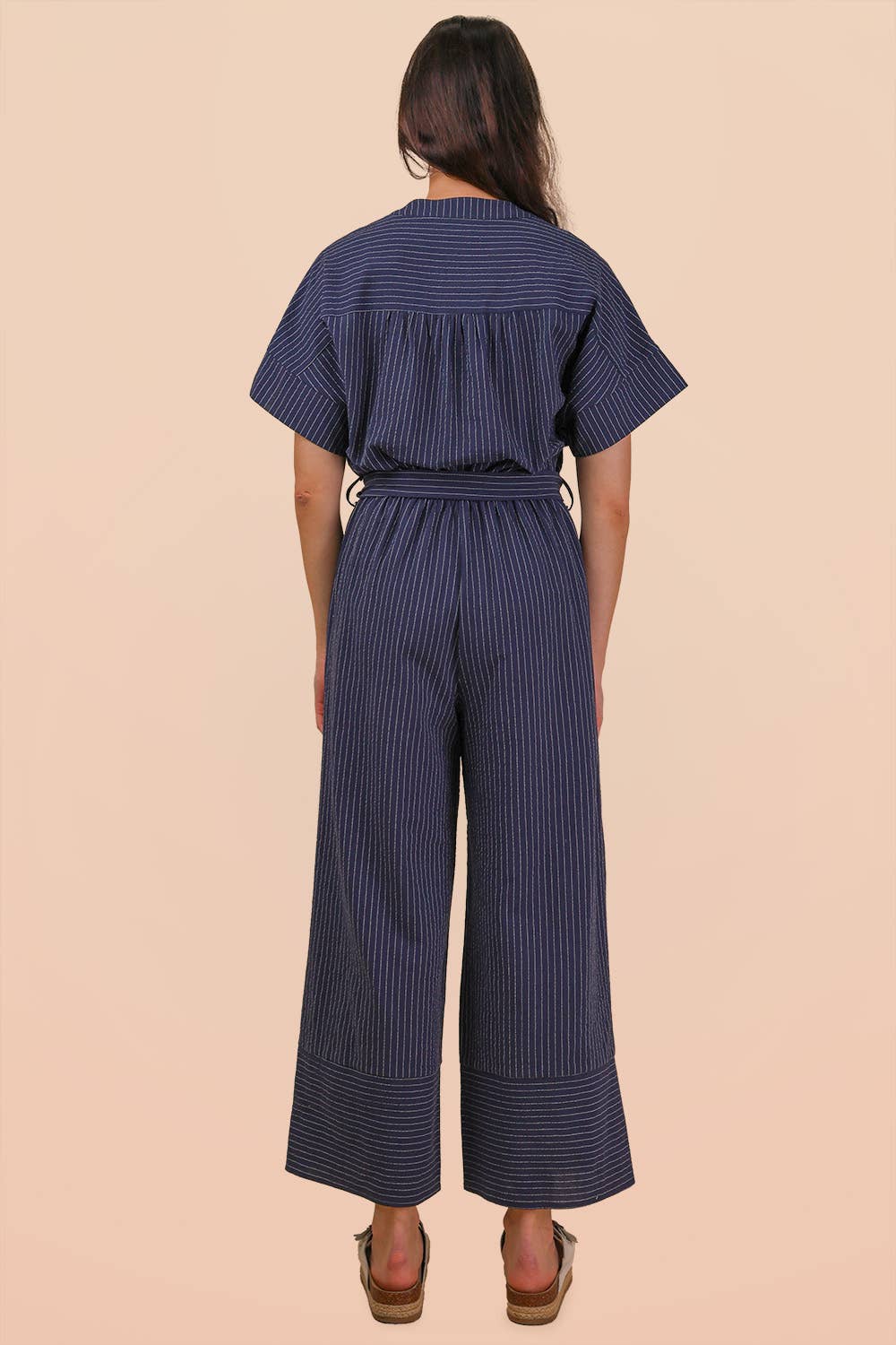 NP70732-Half Button Down Stripe Linen Woven Jumpsuit