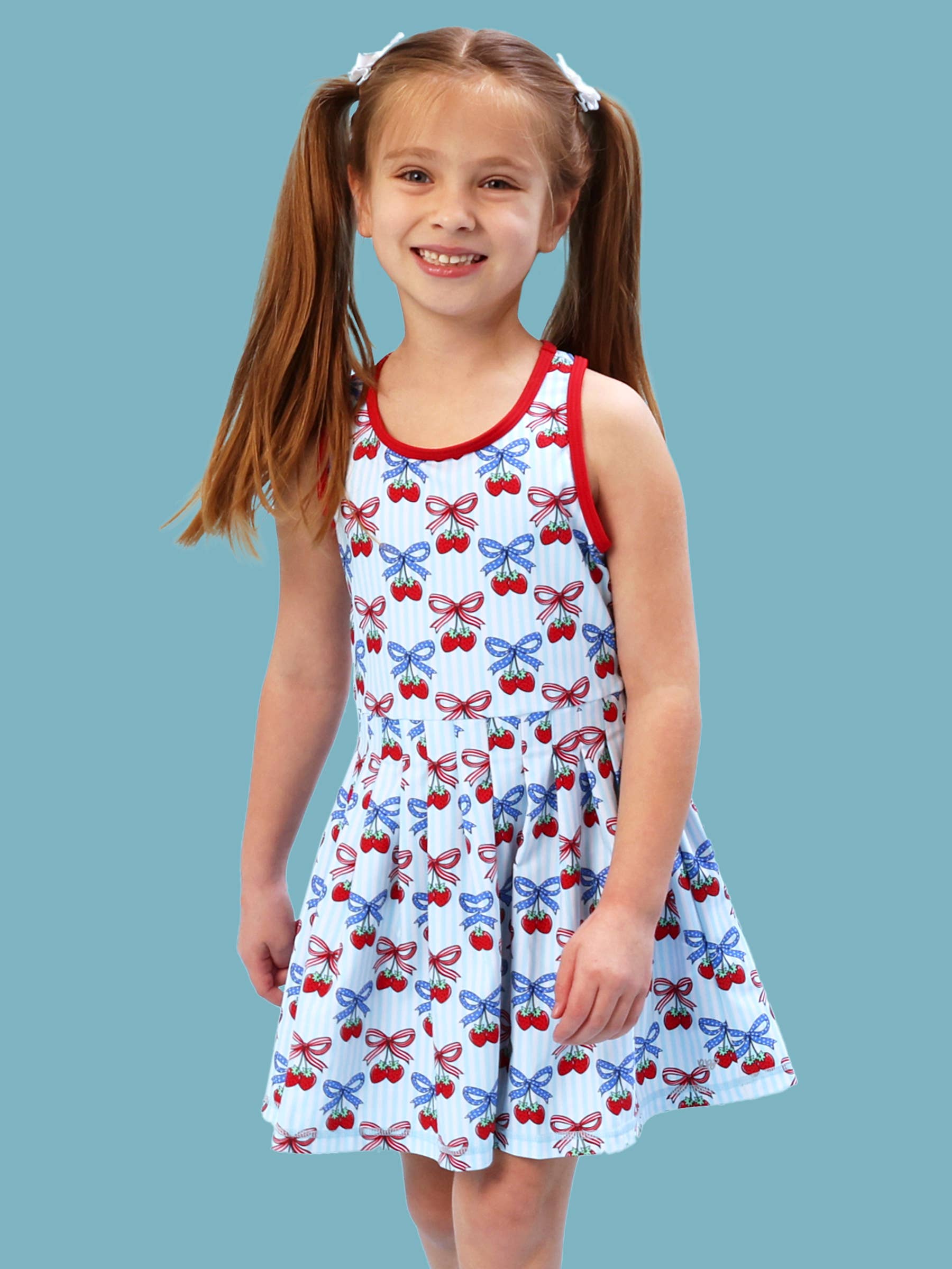 Girls Berries & Bows Pleated Skirt Active Dress & Bike Short Set: Blue / 5
