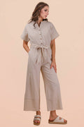 NP70732-Half Button Down Stripe Linen Woven Jumpsuit