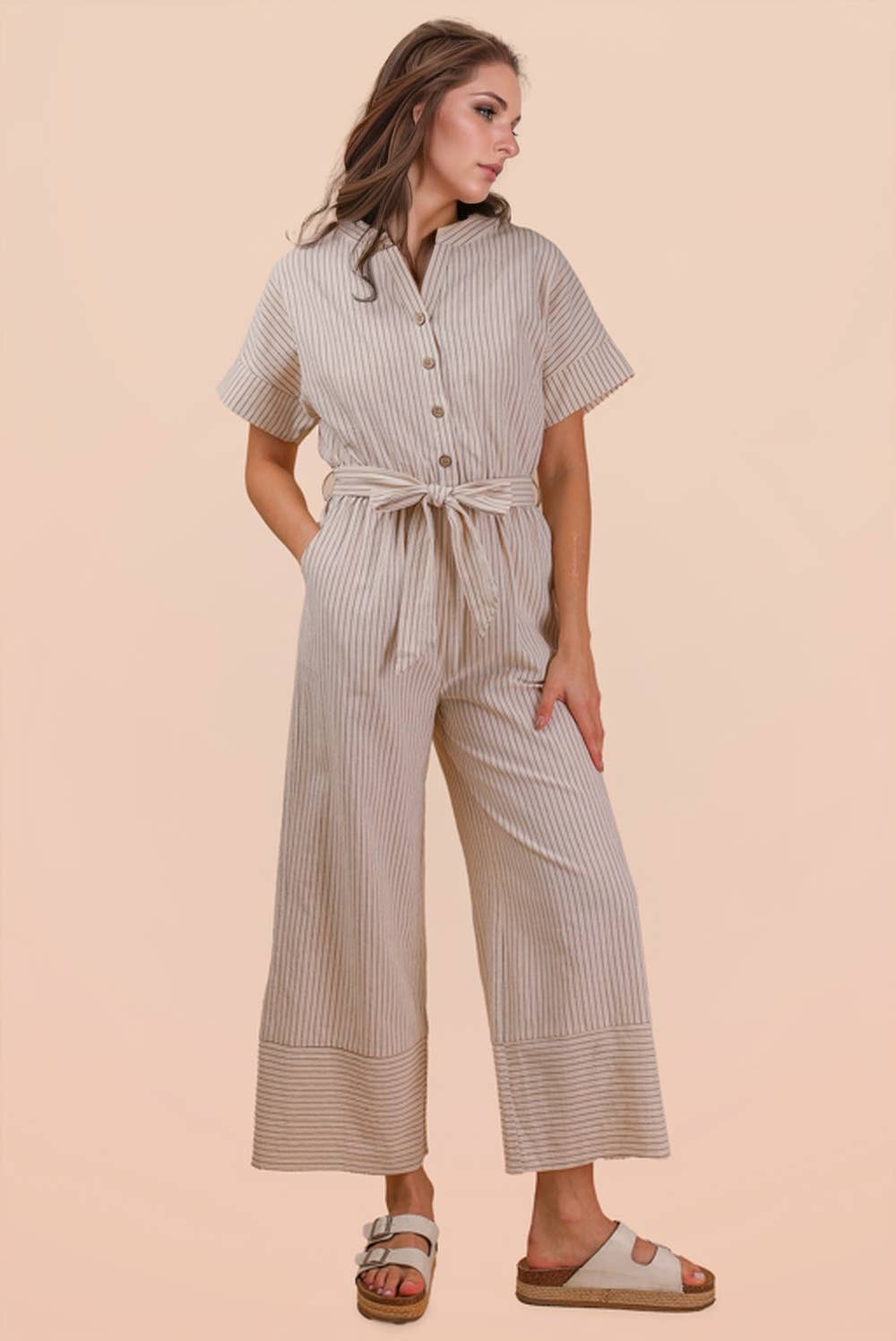 NP70732-Half Button Down Stripe Linen Woven Jumpsuit