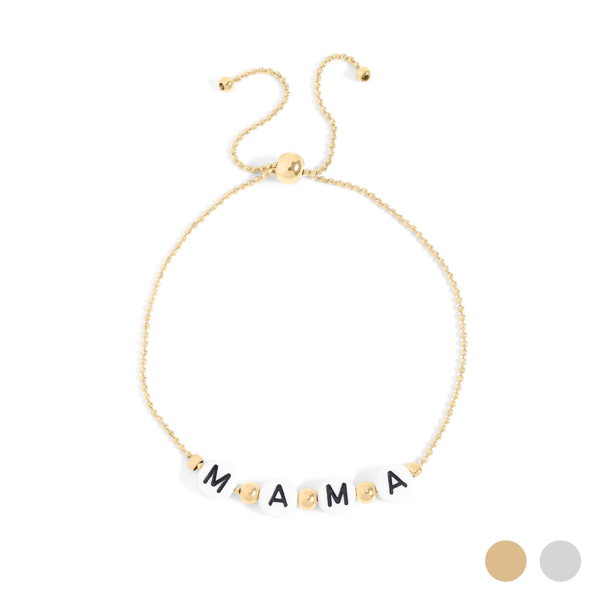 18K Gold PVD Stainless Steel "Mama" Beaded Charm Bracelet: Gold