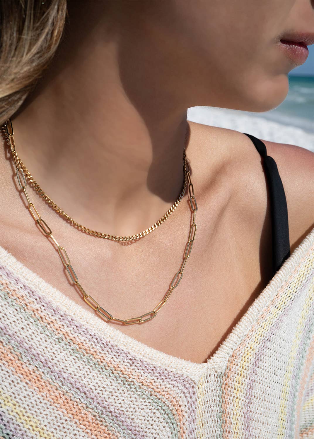 18K Gold PVD Stainless Steel Curb and Paperclip Layered Chain Necklace: Gold