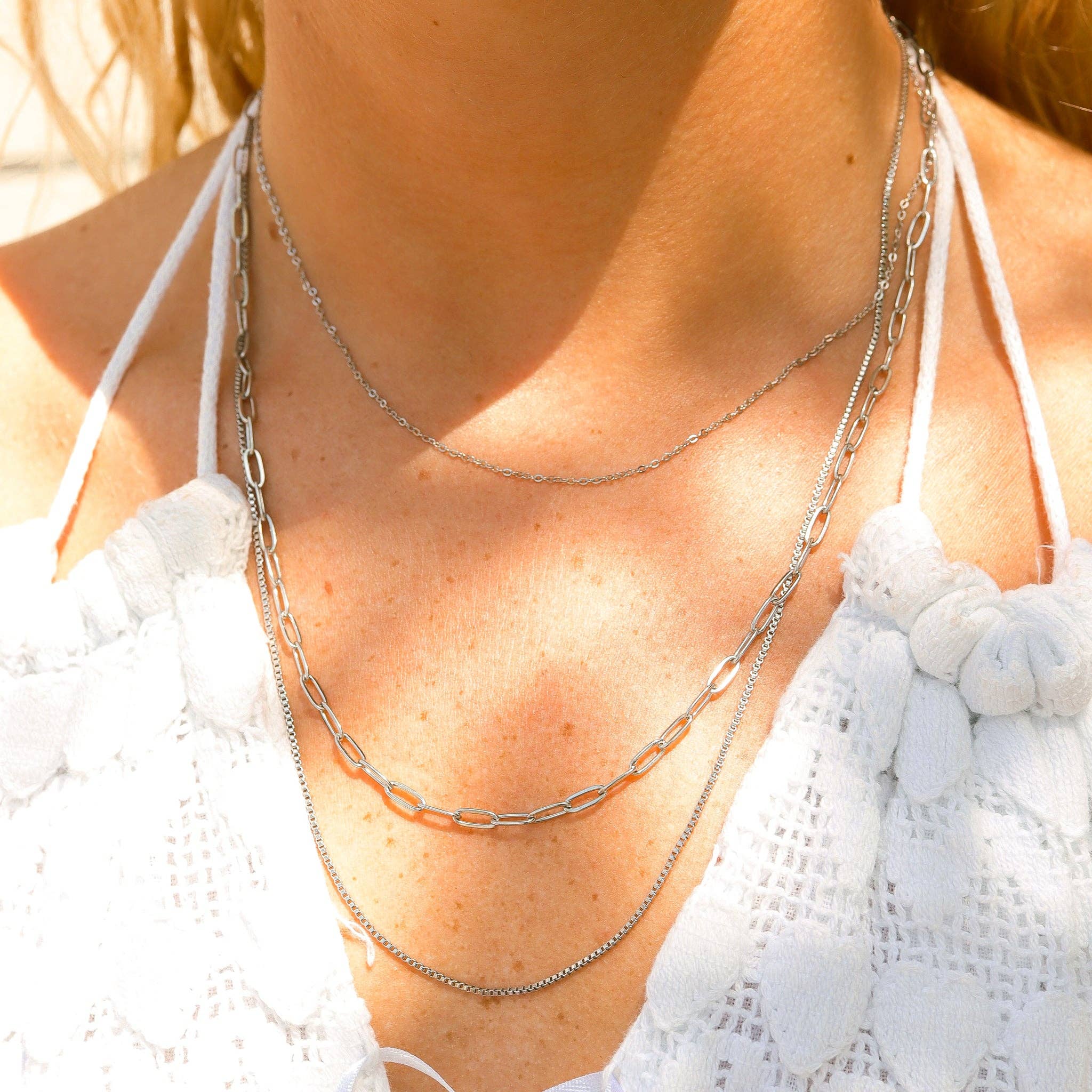 18K Gold PVD Stainless Steel Loop, Box, and Paperclip Layered Chain Necklace: Stainless
