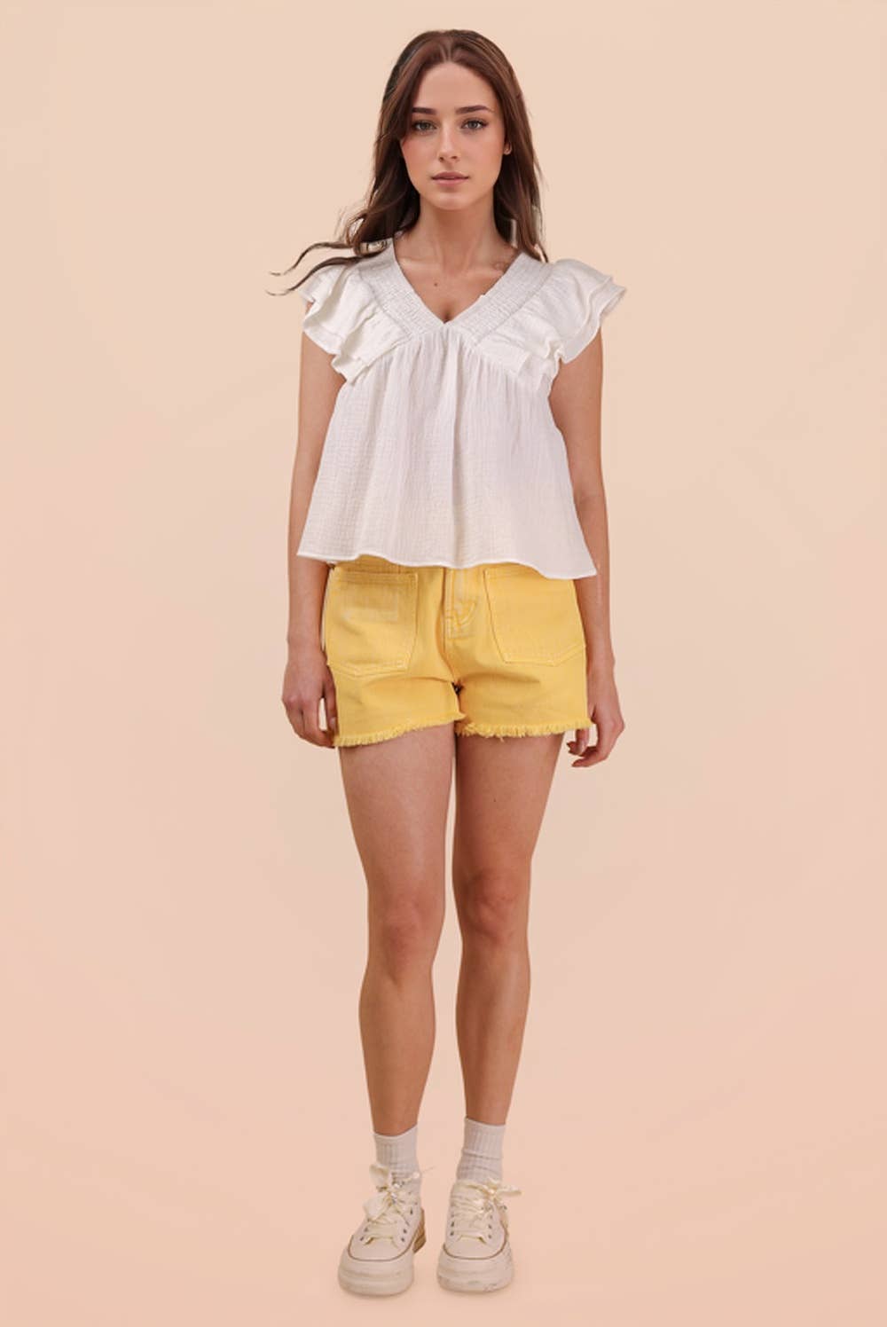NT12130-Smocking Detail Ruffle Sleeve Cotton Gauze Top