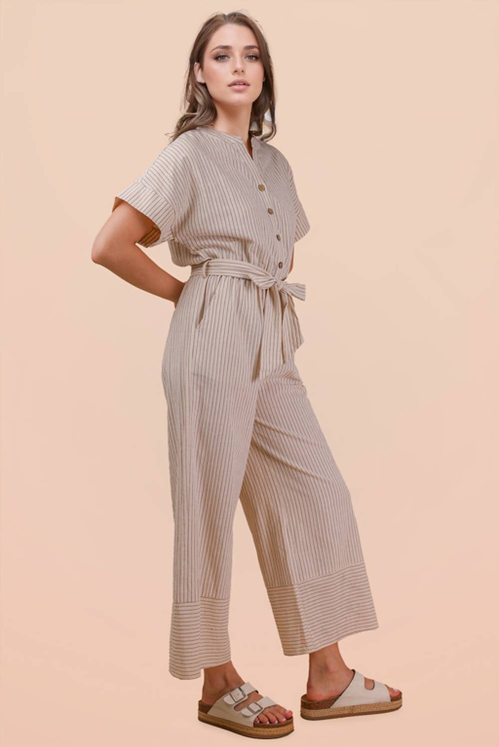 NP70732-Half Button Down Stripe Linen Woven Jumpsuit