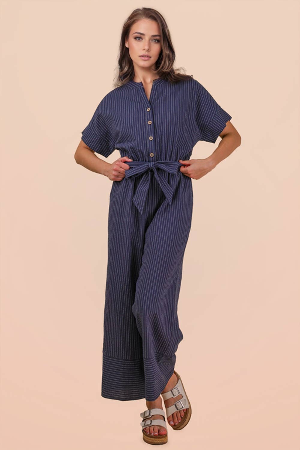 NP70732-Half Button Down Stripe Linen Woven Jumpsuit