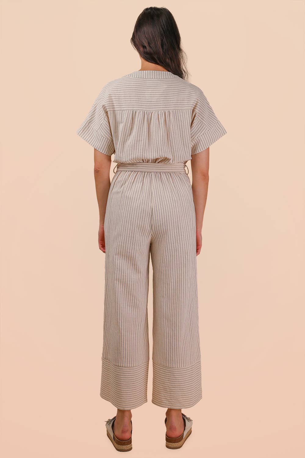 NP70732-Half Button Down Stripe Linen Woven Jumpsuit